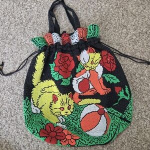 Vintage Hong Kong Neon Beaded Kitty CAT Roses Drawstring Shoulder Bag 15x16